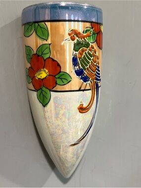VTG Wall Pocket Japan Vase Tropical Bird Parrot Floral Hand Painted Opalescent